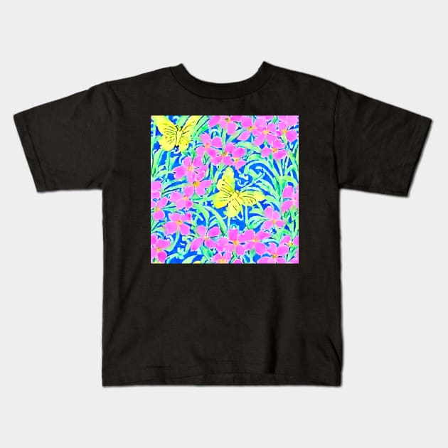 Neon colors forget me nots, branches and butterflies Kids T-Shirt by SophieClimaArt